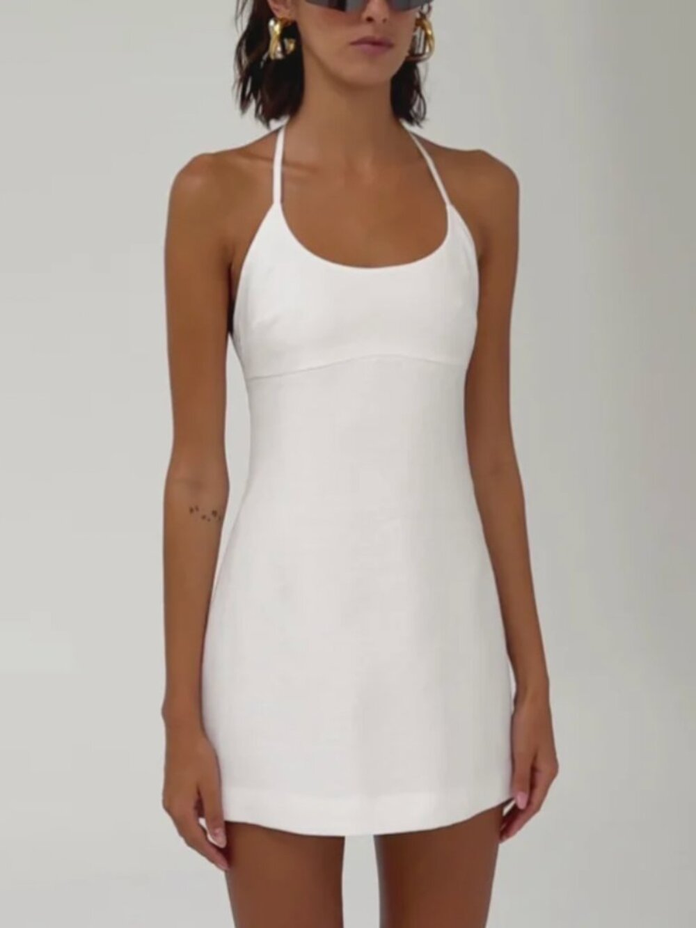 NWT VENROY Scoop Neck Linen Halter Mini Dress White Classic Quiet Lux